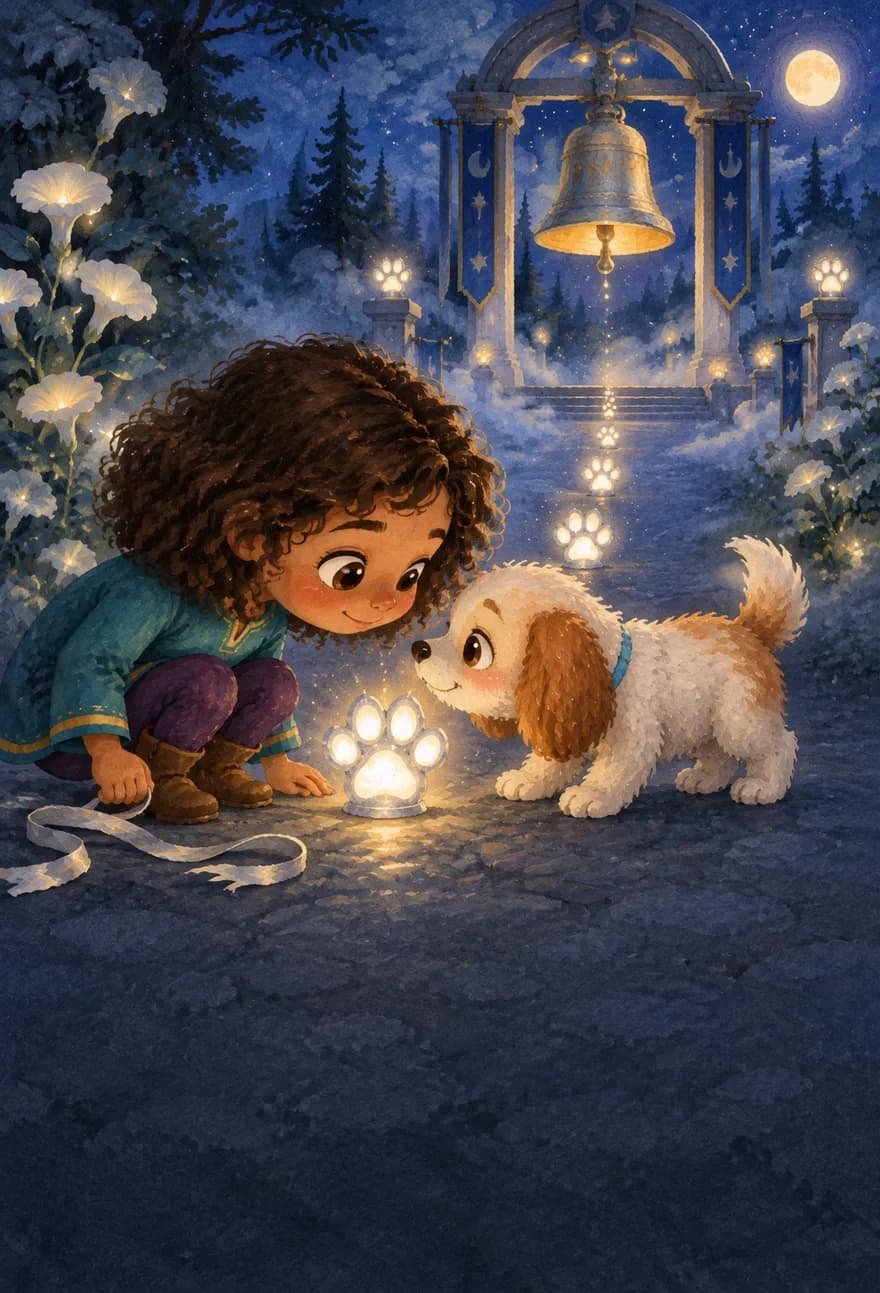 Lily crouches beside Pip the puppy as glowing pawprint lanterns light a path to the bell in the moonlit kingdom